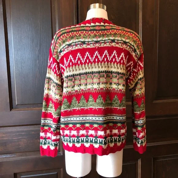 Vintage Tiara Petites Size PM Red Cardigan Sweater 2000 Teddy Bear Fair Isle - Picture 11 of 13